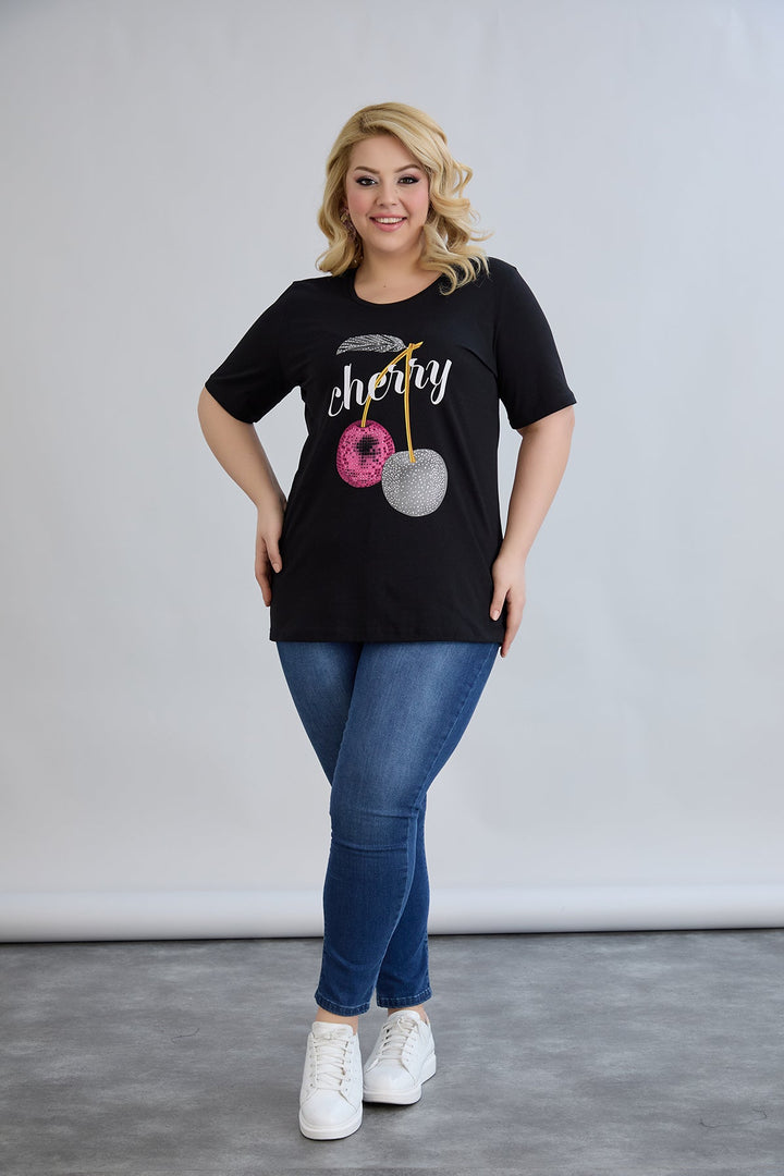 Pamučna majica s kamenčićima Cherry - Crna