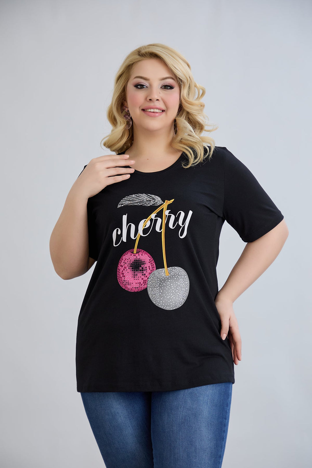 Pamučna majica s kamenčićima Cherry - Crna
