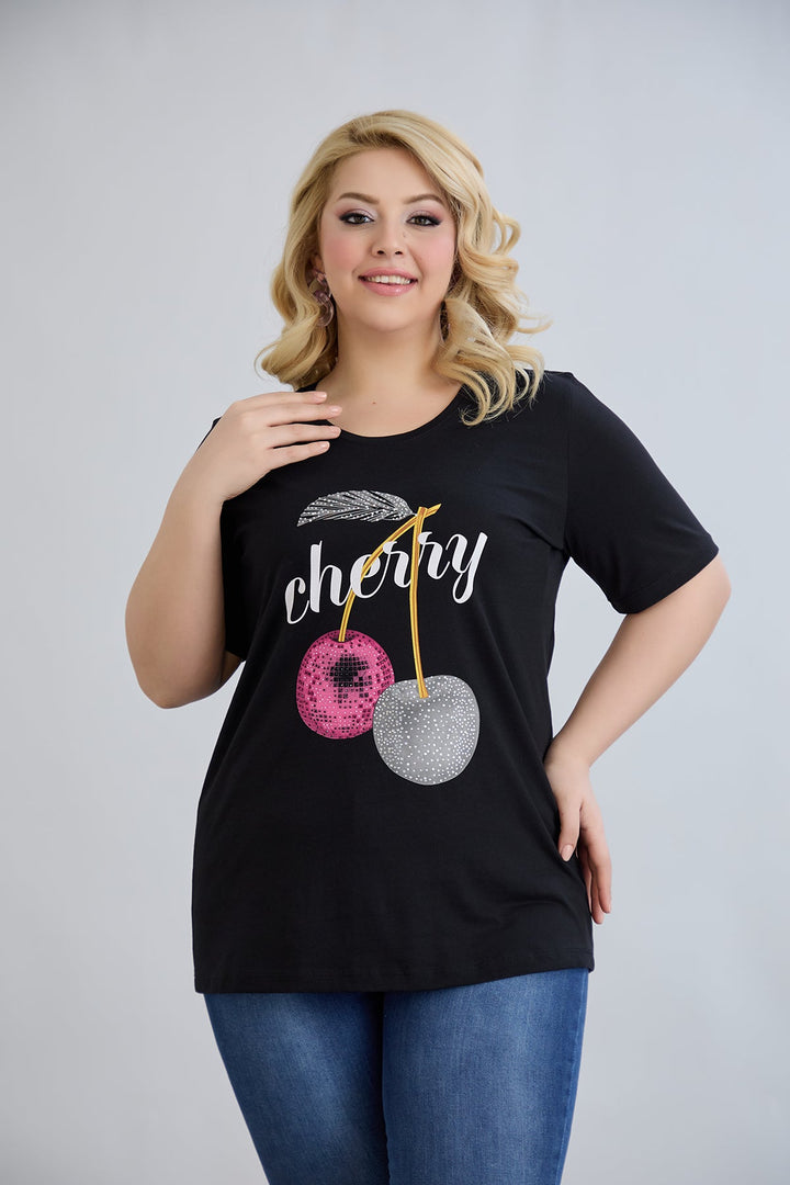 Pamučna majica s kamenčićima Cherry - Crna