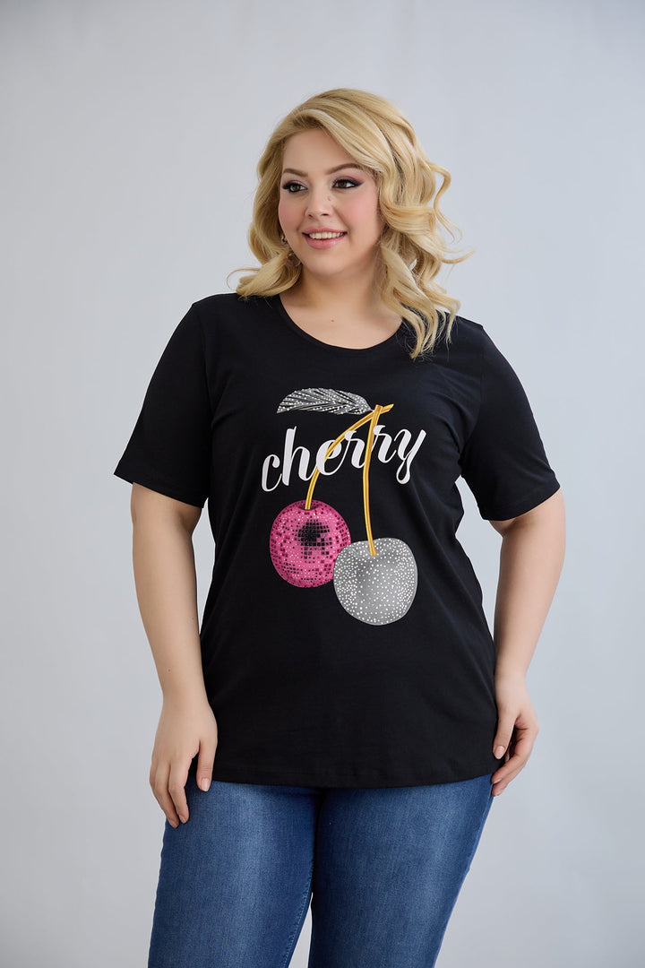 Pamučna majica s kamenčićima Cherry - Crna