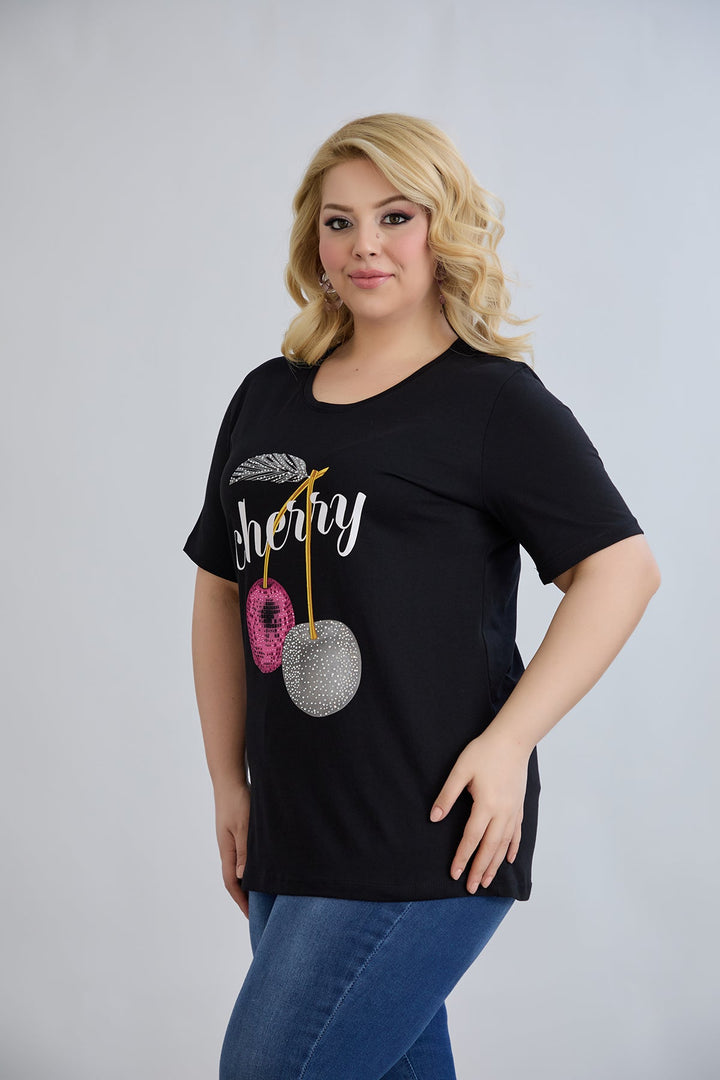 Pamučna majica s kamenčićima Cherry - Crna