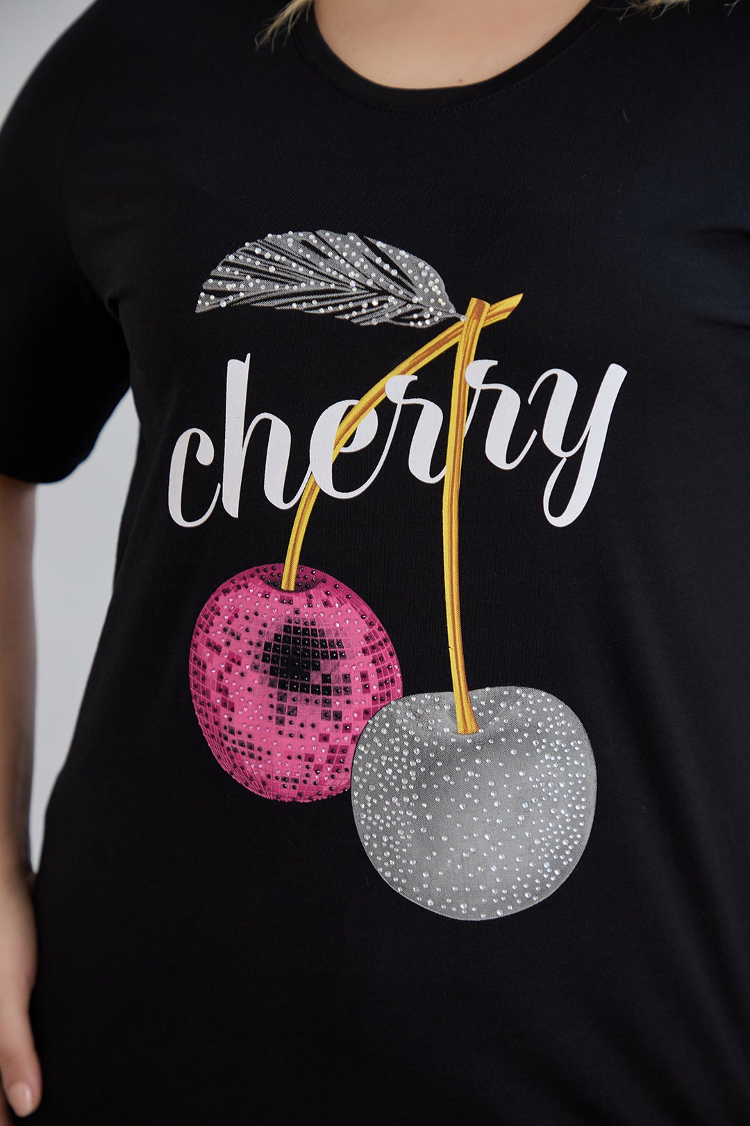 Pamučna majica s kamenčićima Cherry - Crna