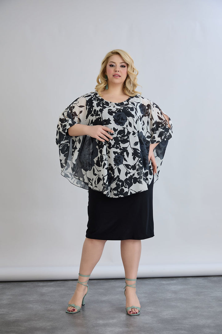 Haljina od šifona s naglaskom na ramenima - cvjetni uzorak