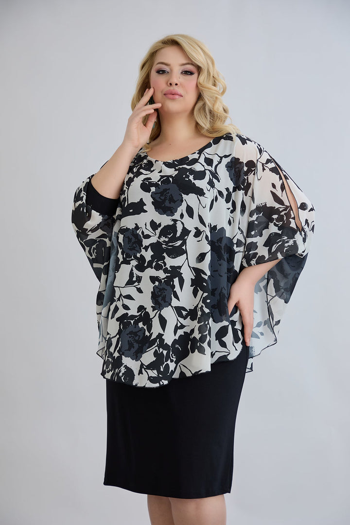 Haljina od šifona s naglaskom na ramenima - cvjetni uzorak