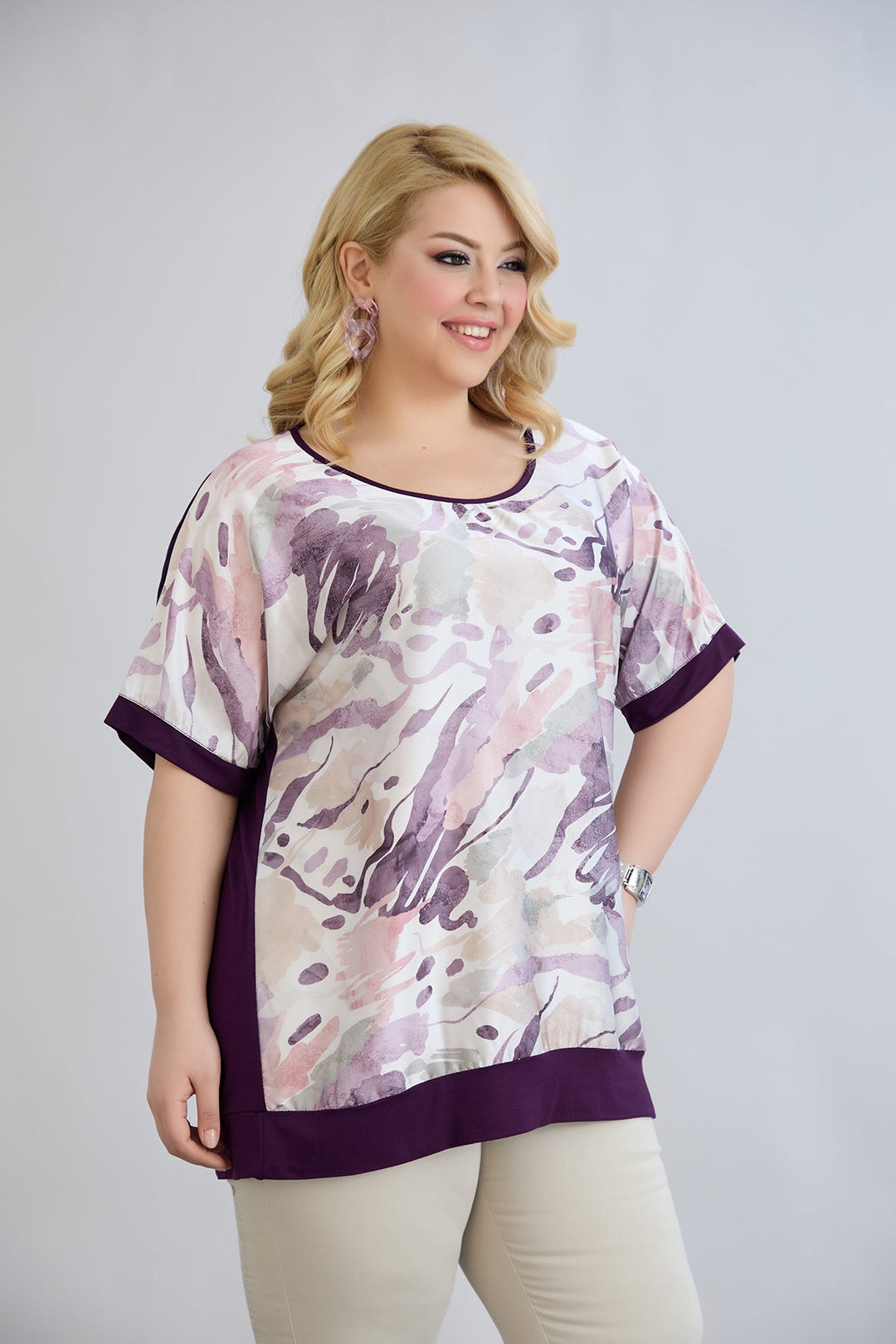 Bluza s uzorkom i leđima od viskoze - Ljubičasta pastelna