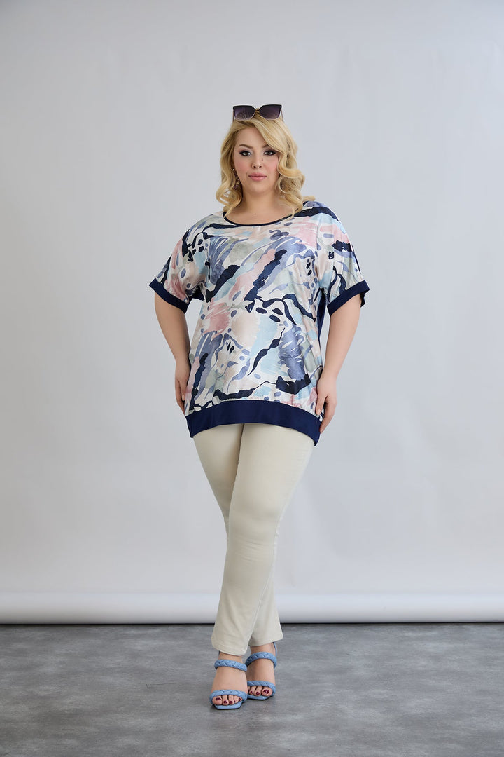 Bluzica s printom i stražnjim dijelom od viskoze - Plava pastelna