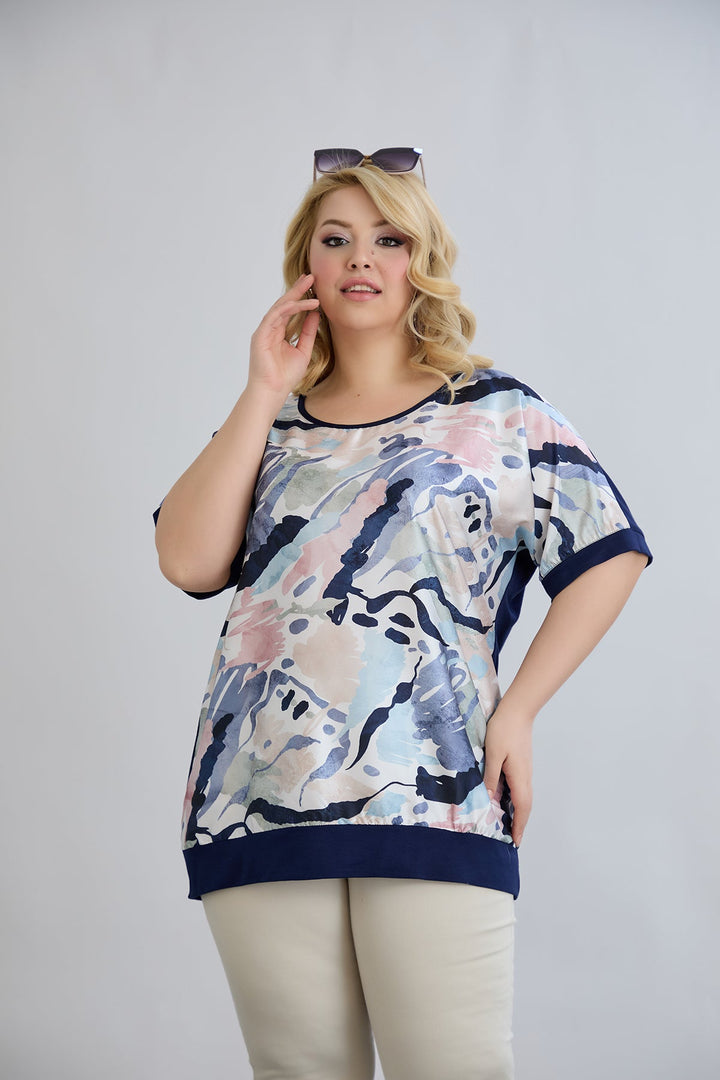 Bluzica s printom i stražnjim dijelom od viskoze - Plava pastelna