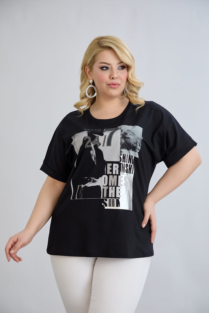 Majica s printom i ukrasnim kamenčićima - Crna