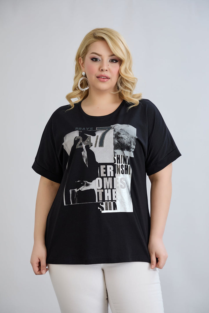 Majica s printom i ukrasnim kamenčićima - Crna