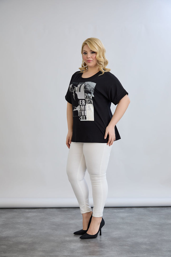 Majica s printom i ukrasnim kamenčićima - Crna