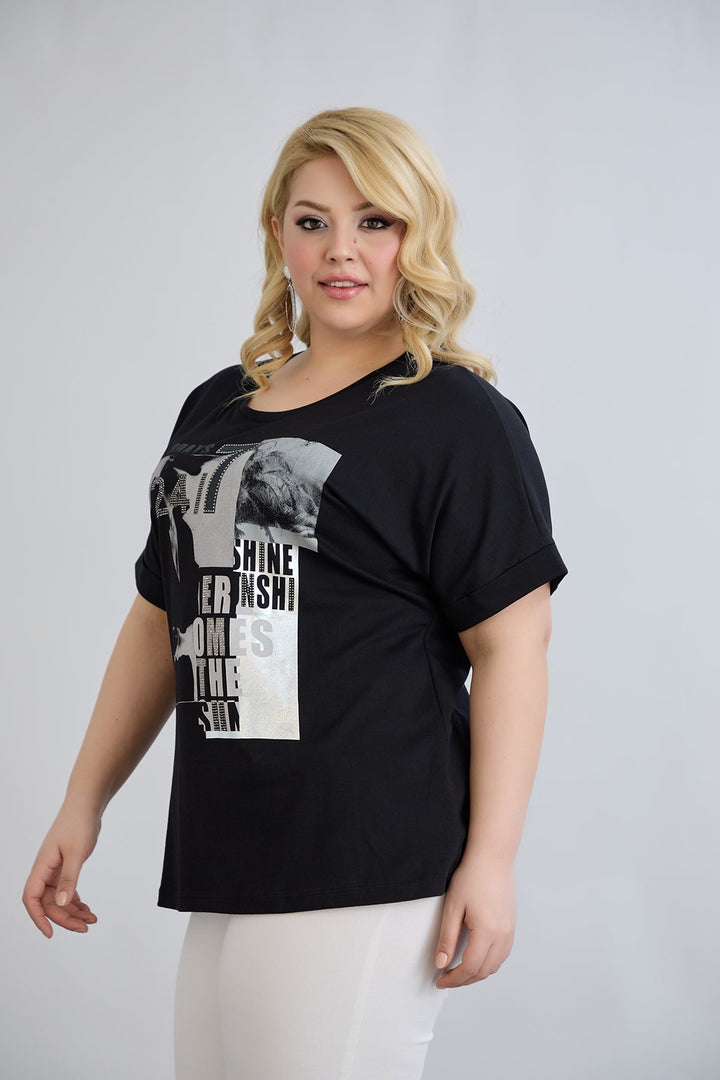 Majica s printom i ukrasnim kamenčićima - Crna