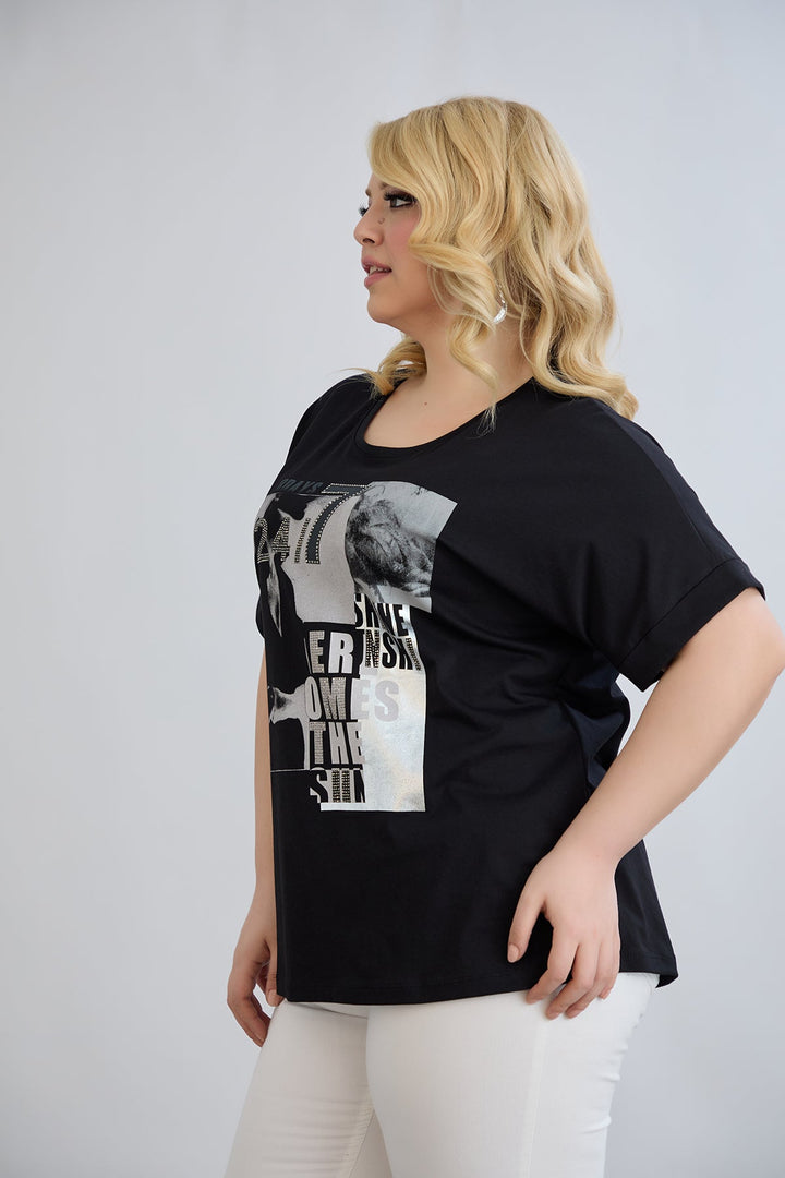 Majica s printom i ukrasnim kamenčićima - Crna