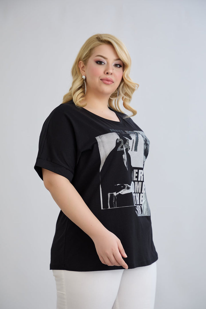Majica s printom i ukrasnim kamenčićima - Crna