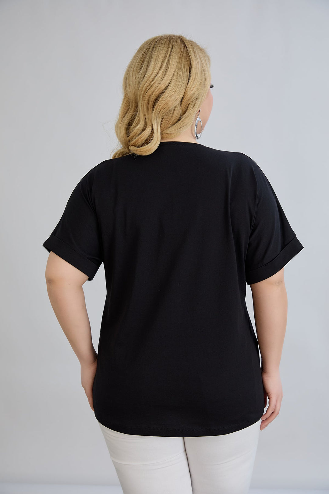 Majica s printom i ukrasnim kamenčićima - Crna