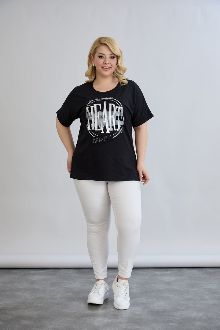 Crna majica s printom i ukrasnim kamenčićima HEART