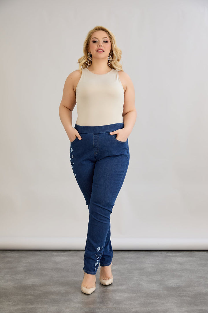 Ženske elastične traperice s vezom - tamnoplave