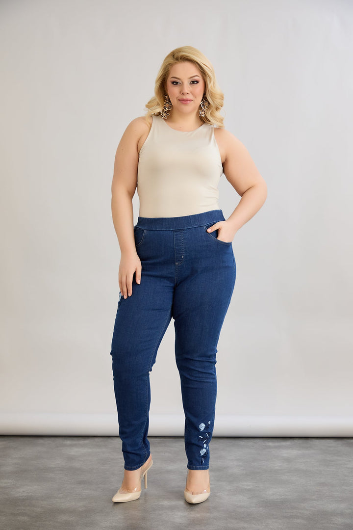 Ženske elastične traperice s vezom - tamnoplave