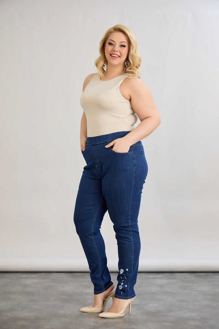 Ženske elastične traperice s vezom - tamnoplave