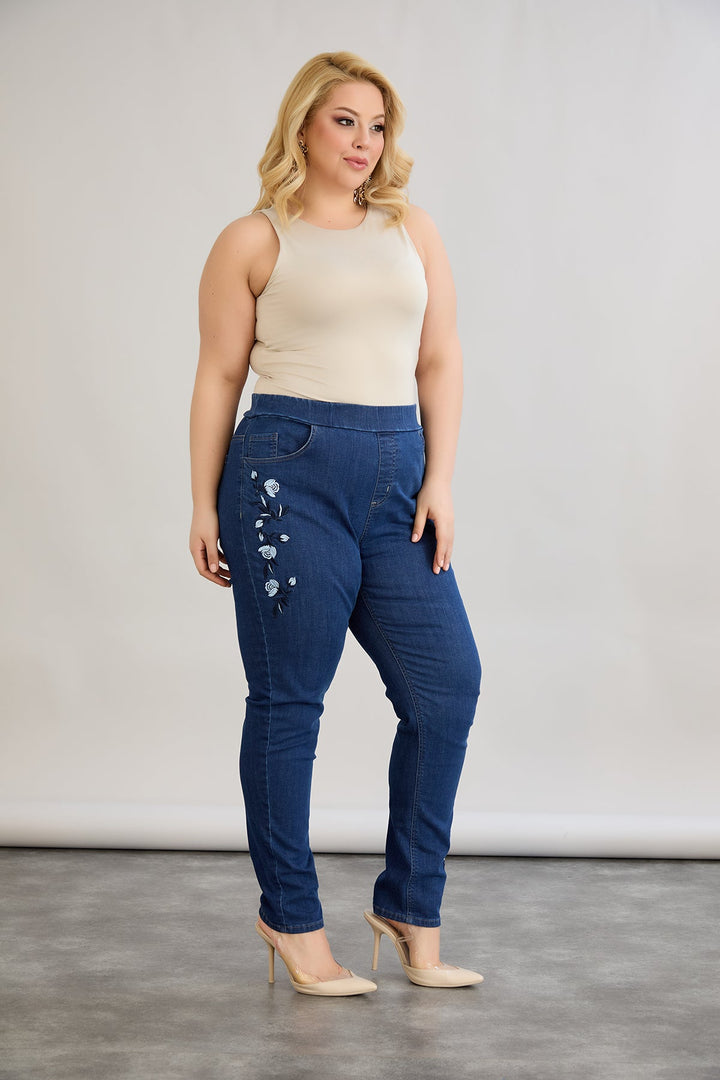 Ženske elastične traperice s vezom - tamnoplave