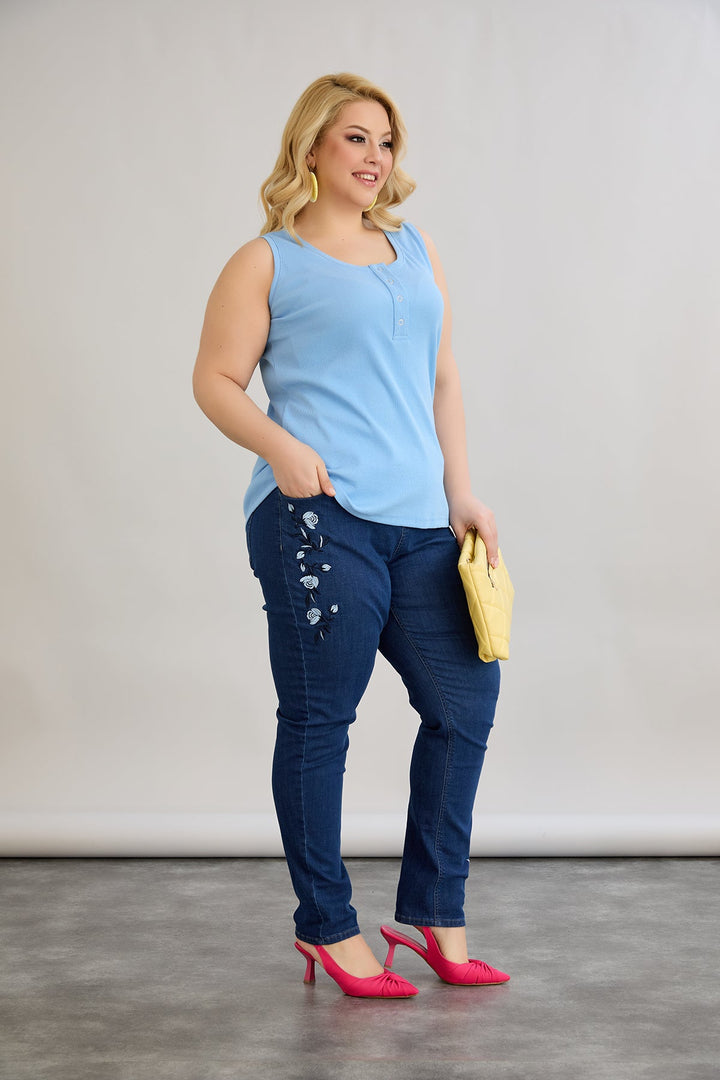 Pamukasti top s tik-tak kopčanjem - Plavi