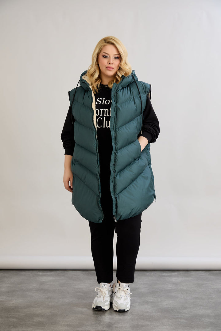 Topli oversize zimski prsluk s podstavom od karakula velikih veličina - Zelena