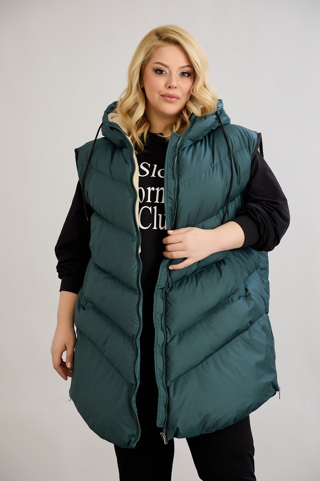 Topli oversize zimski prsluk s podstavom od karakula velikih veličina - Zelena