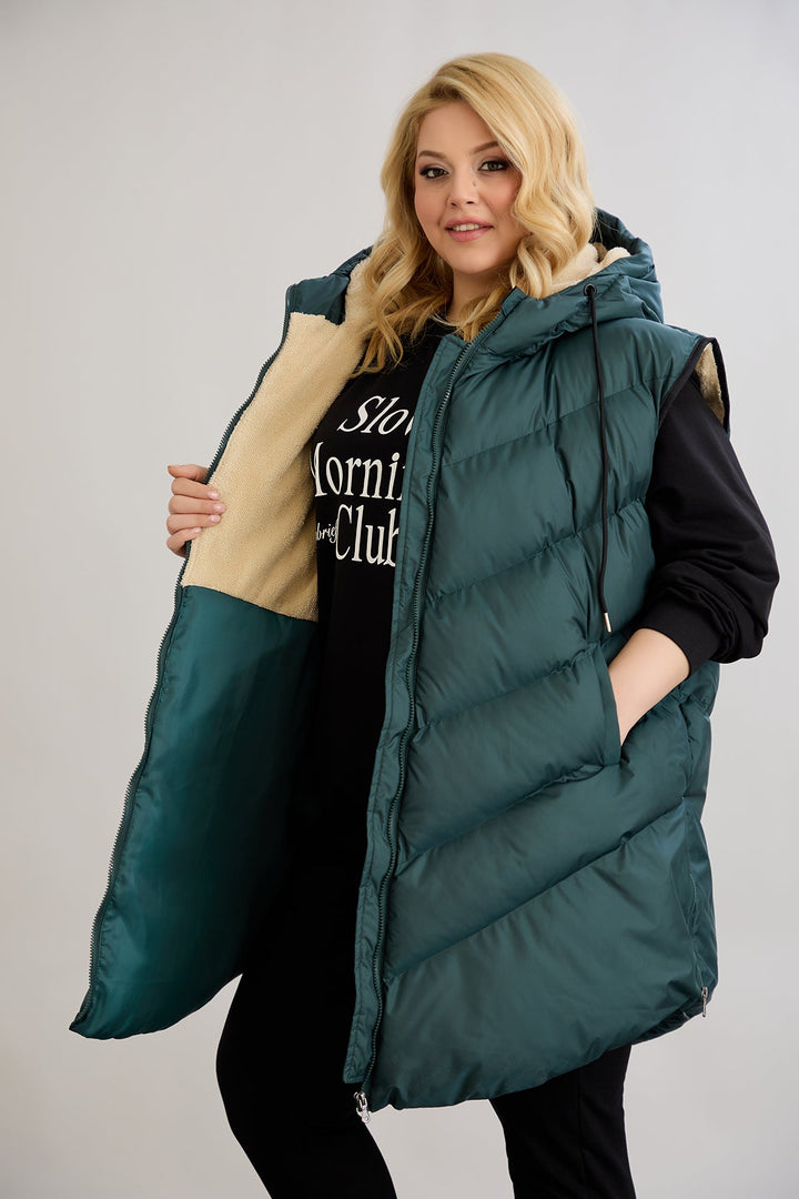 Topli oversize zimski prsluk s podstavom od karakula velikih veličina - Zelena