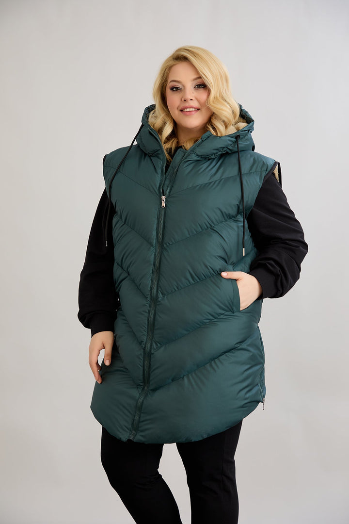 Topli oversize zimski prsluk s podstavom od karakula velikih veličina - Zelena