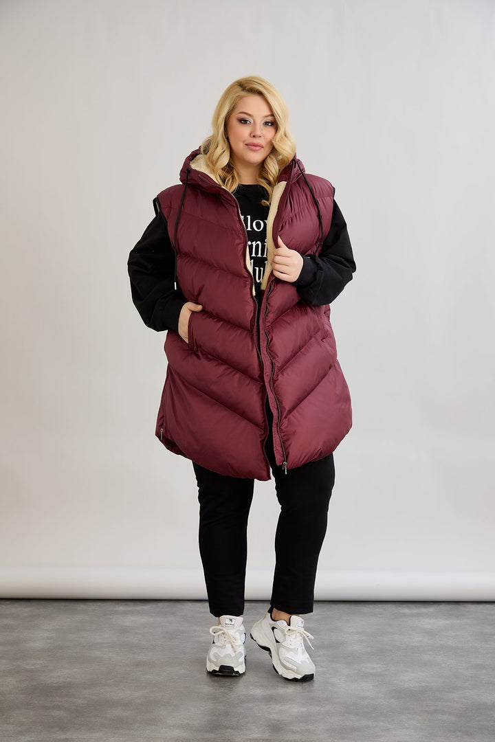 Topli oversize zimski prsluk s podstavom od karakula velikih veličina- Bordo