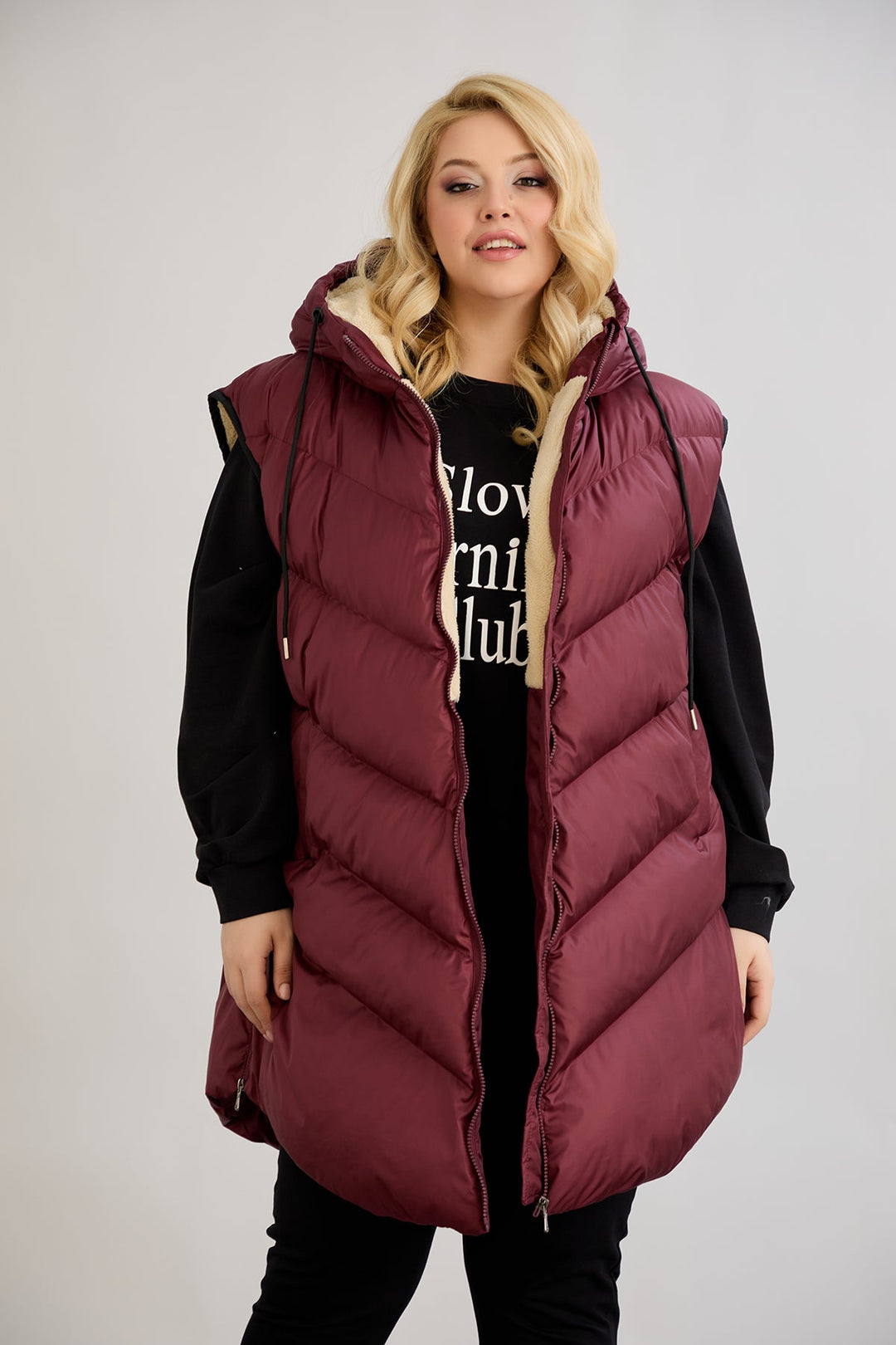 Topli oversize zimski prsluk s podstavom od karakula velikih veličina- Bordo