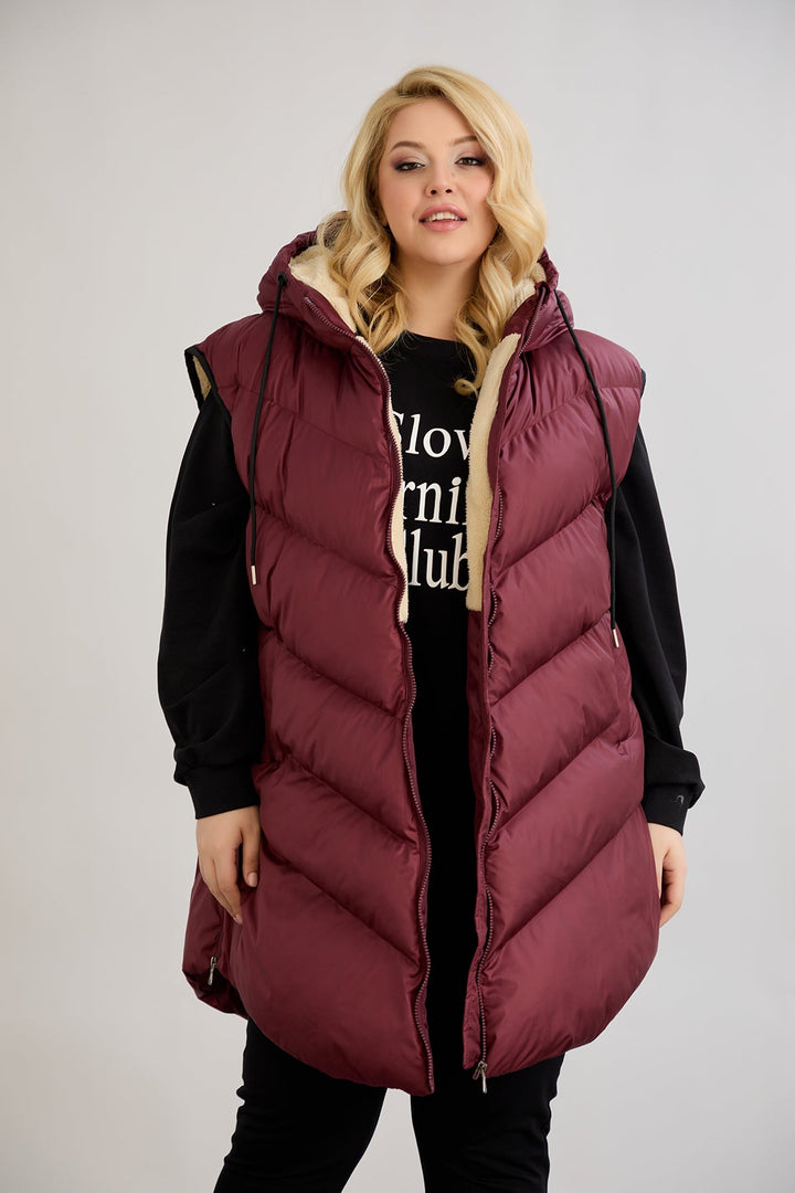 Topli oversize zimski prsluk s podstavom od karakula velikih veličina- Bordo