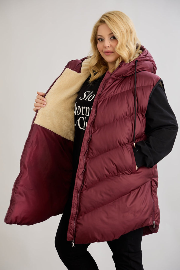 Topli oversize zimski prsluk s podstavom od karakula velikih veličina- Bordo