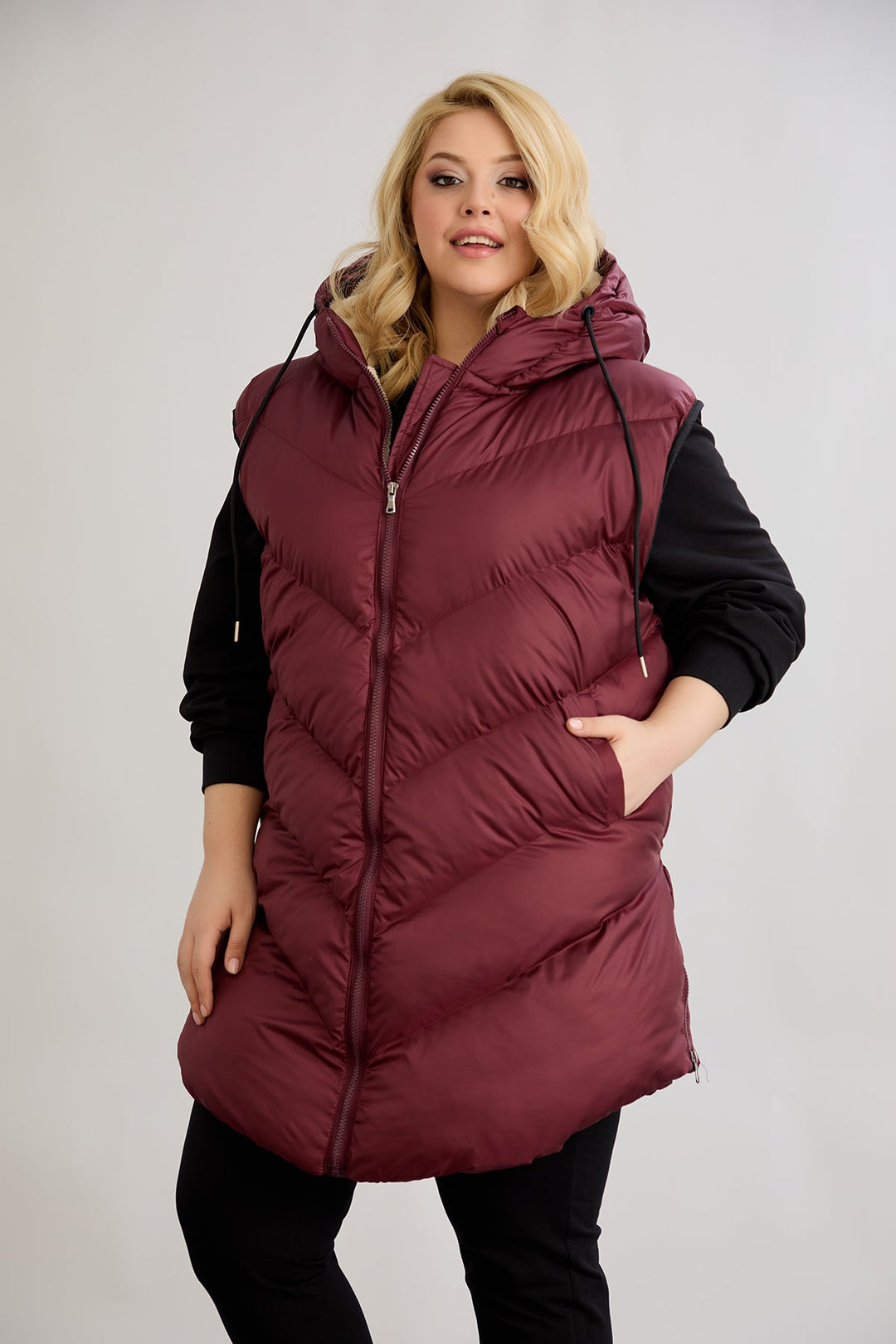 Topli oversize zimski prsluk s podstavom od karakula velikih veličina- Bordo