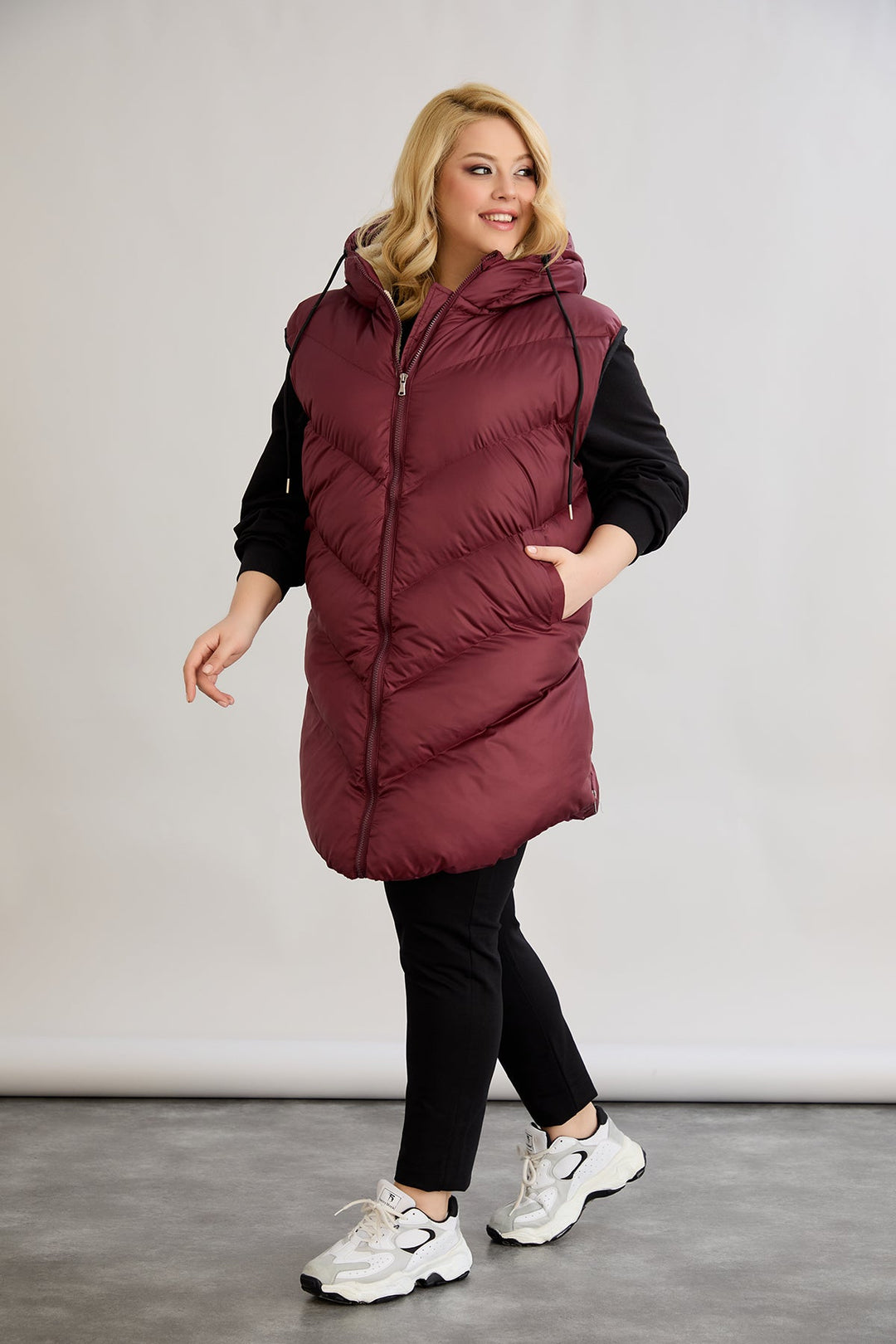 Topli oversize zimski prsluk s podstavom od karakula velikih veličina- Bordo