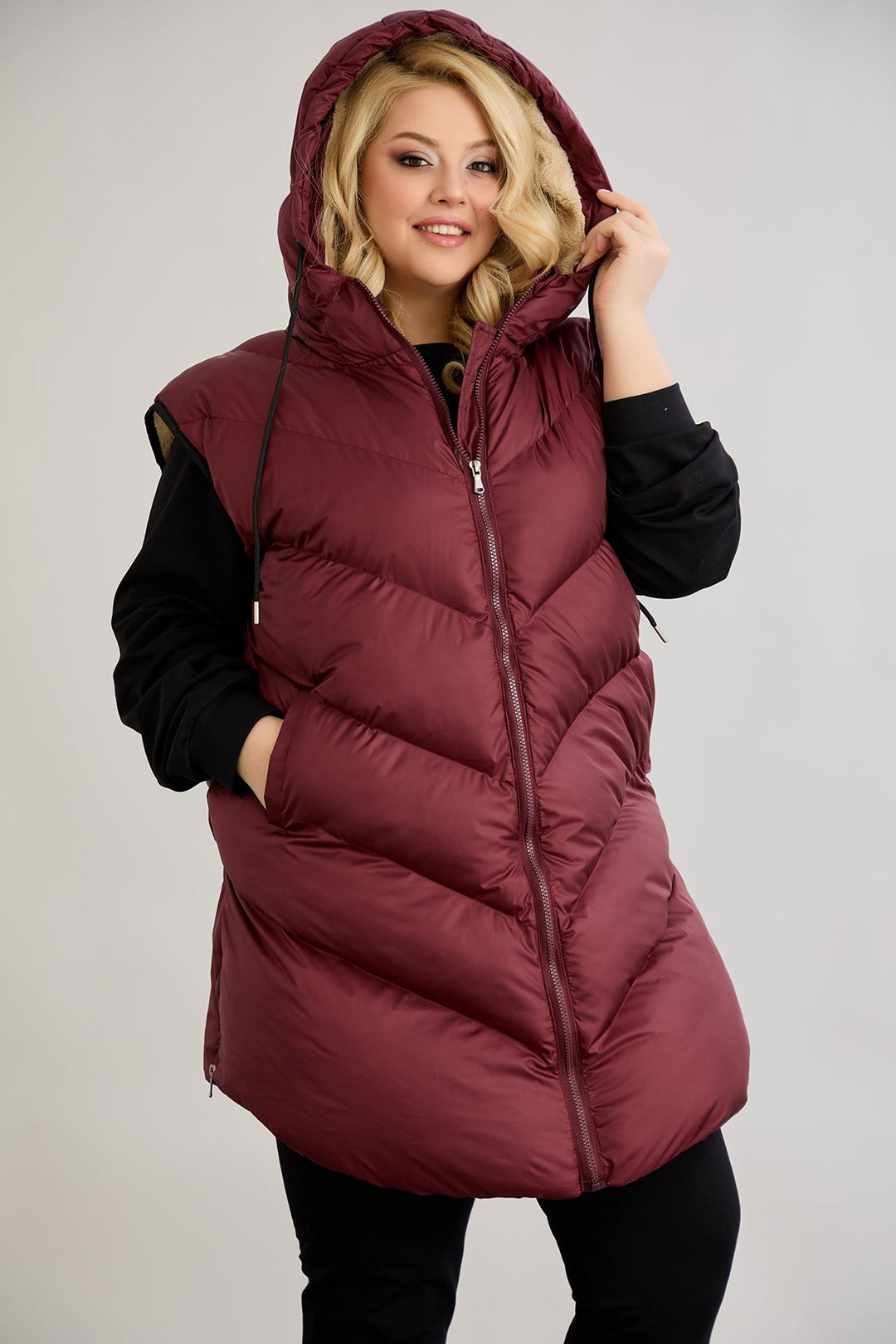 Topli oversize zimski prsluk s podstavom od karakula velikih veličina- Bordo