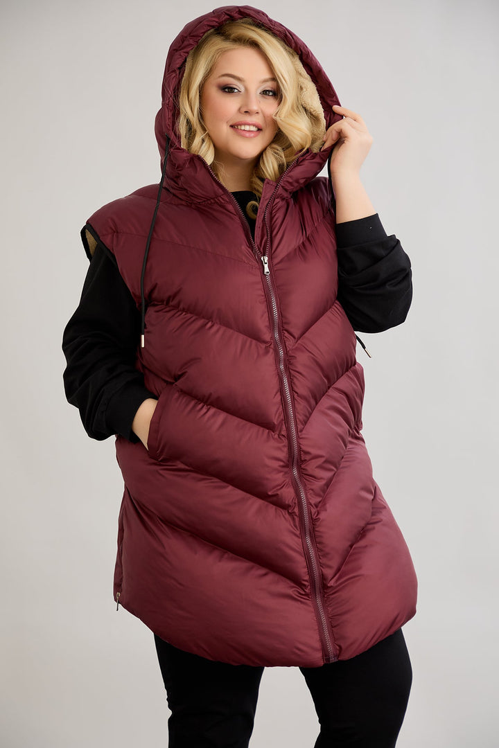 Topli oversize zimski prsluk s podstavom od karakula velikih veličina- Bordo