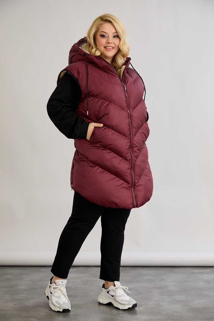 Topli oversize zimski prsluk s podstavom od karakula velikih veličina- Bordo