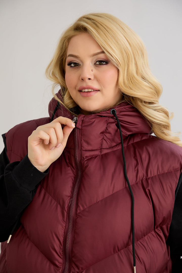 Topli oversize zimski prsluk s podstavom od karakula velikih veličina- Bordo