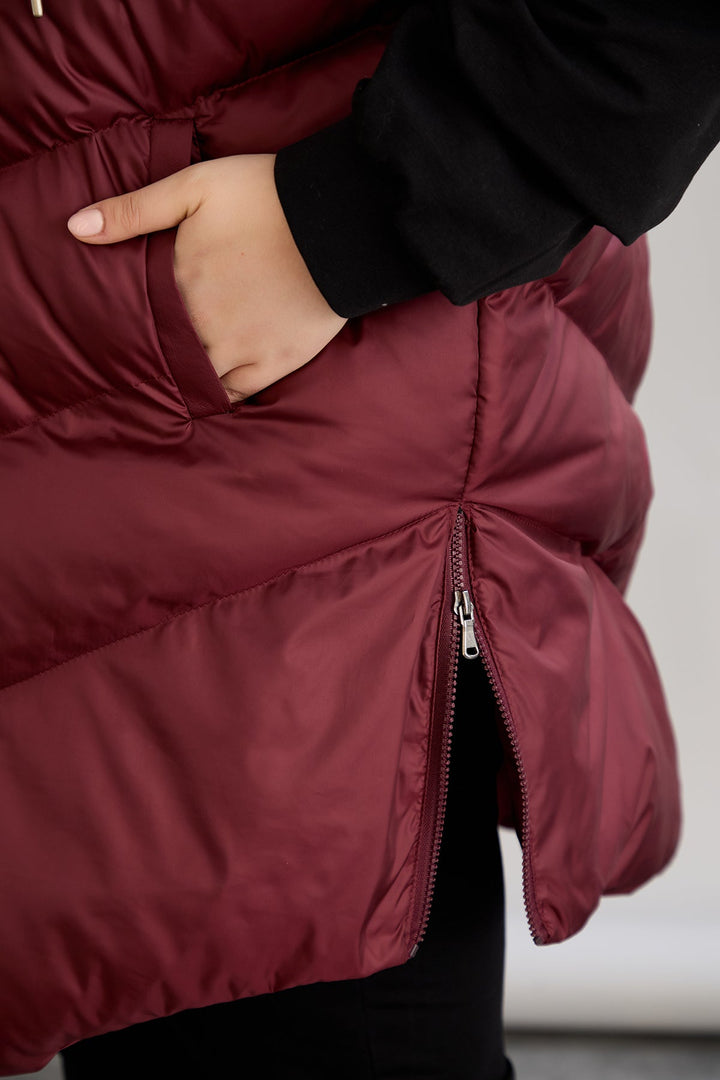 Topli oversize zimski prsluk s podstavom od karakula velikih veličina- Bordo