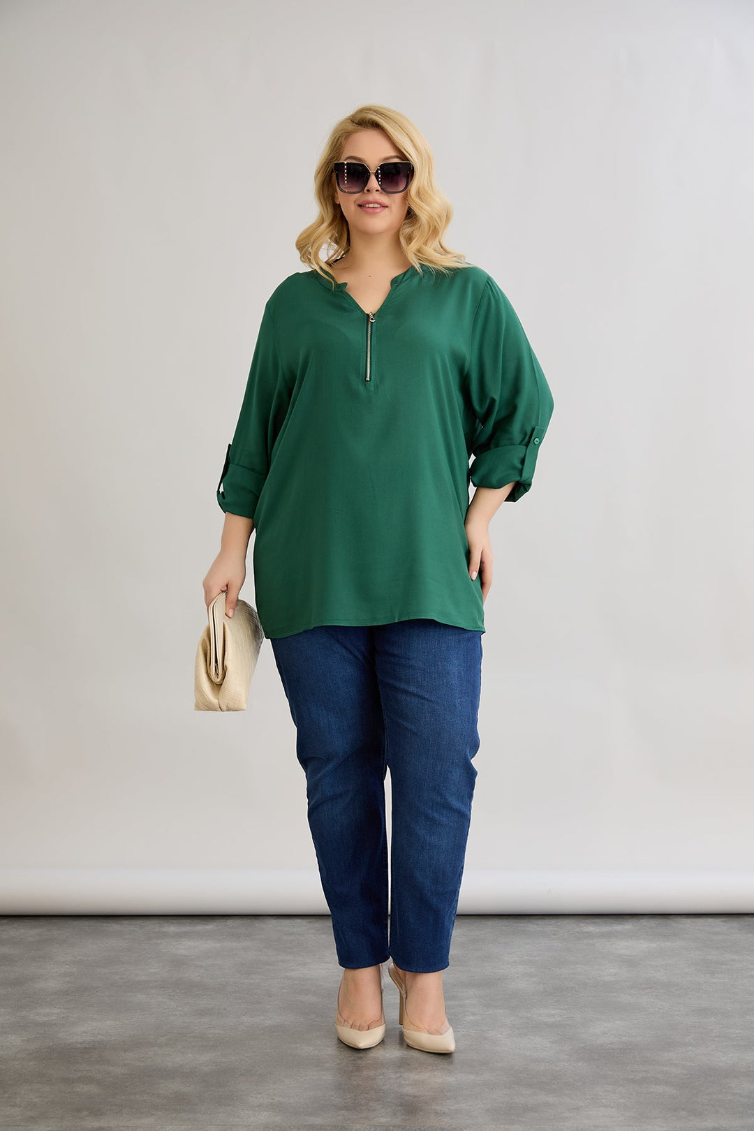 Bluza od viskoze s patentnim zatvaračem na dekolteu - Zelena