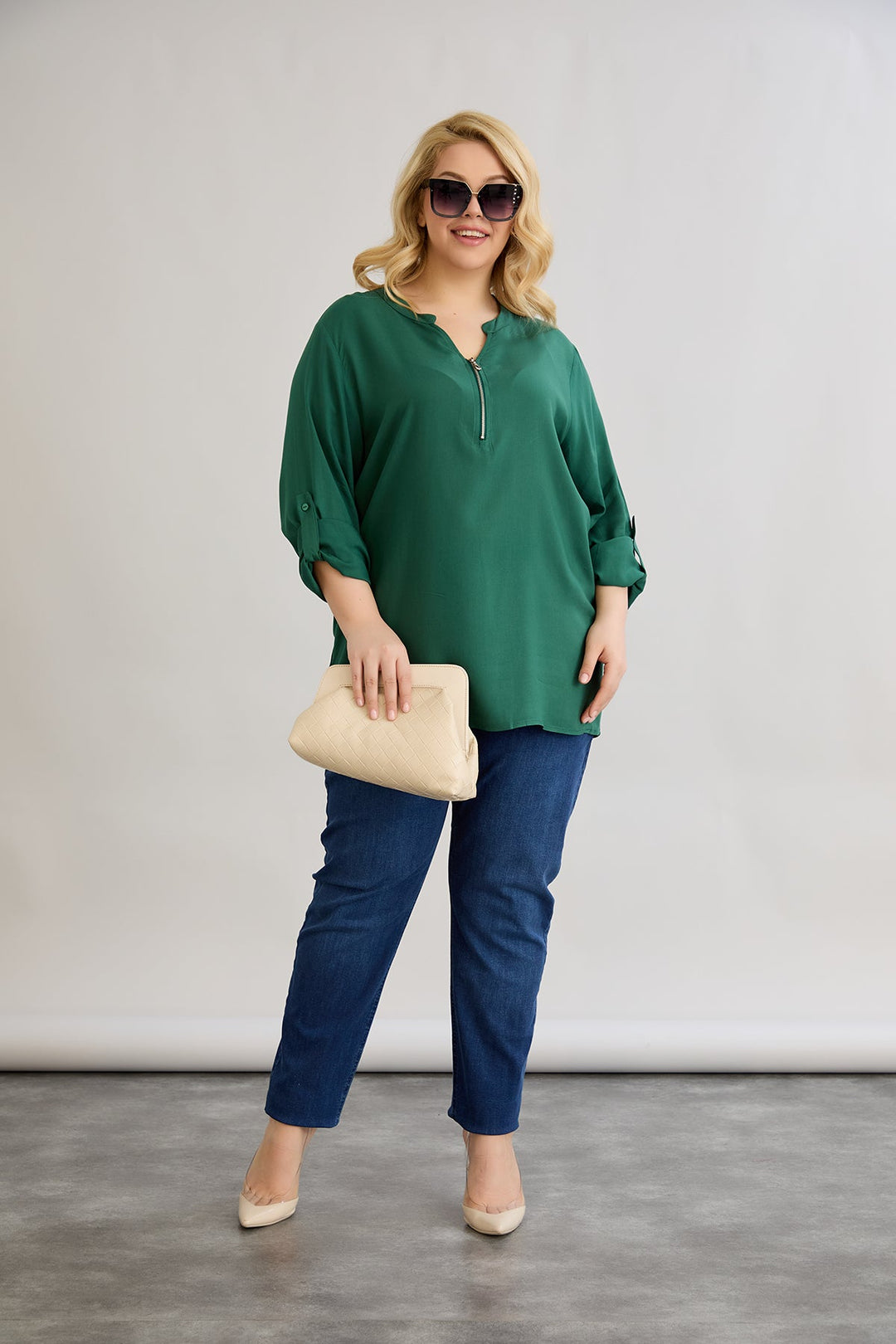 Bluza od viskoze s patentnim zatvaračem na dekolteu - Zelena