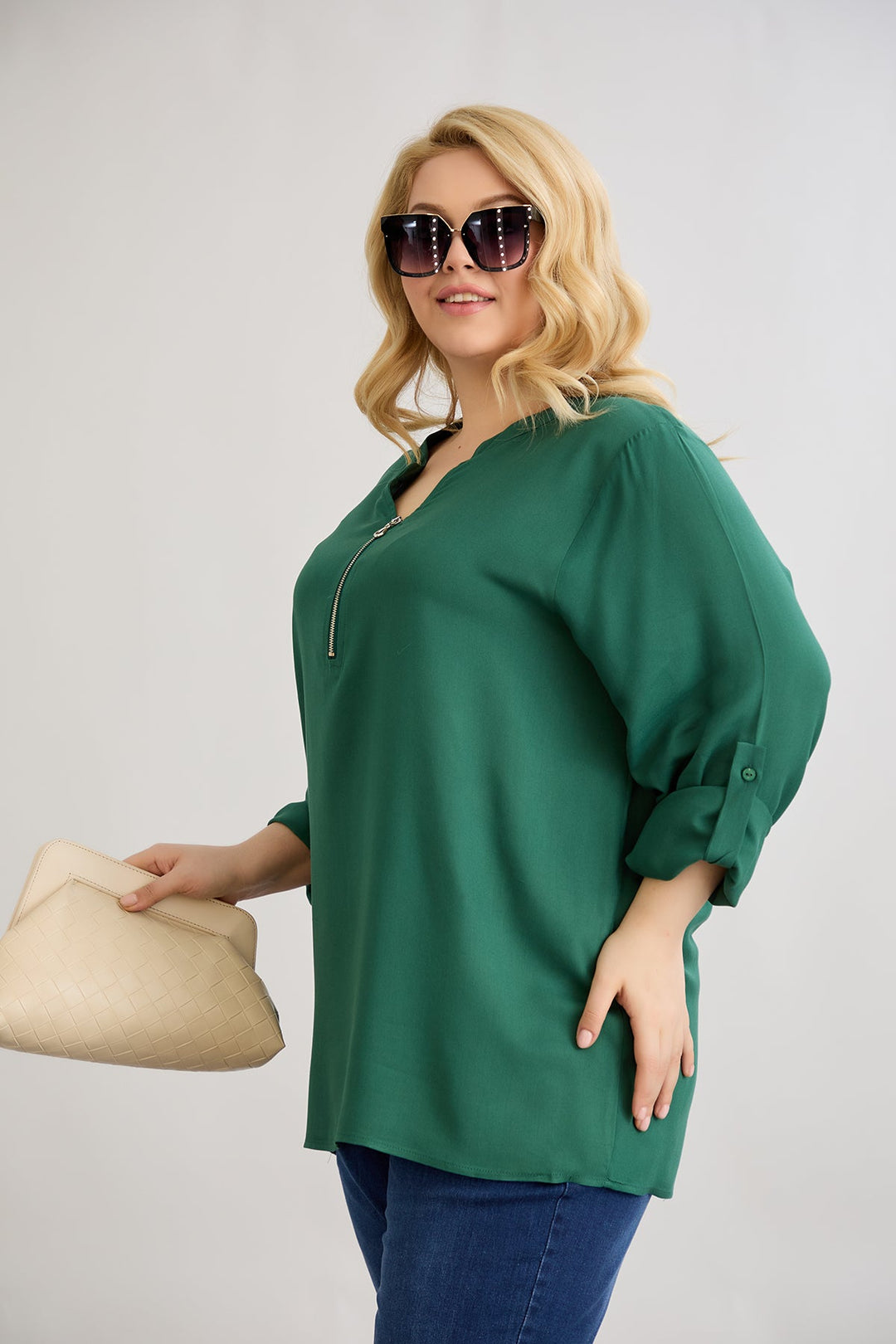 Bluza od viskoze s patentnim zatvaračem na dekolteu - Zelena