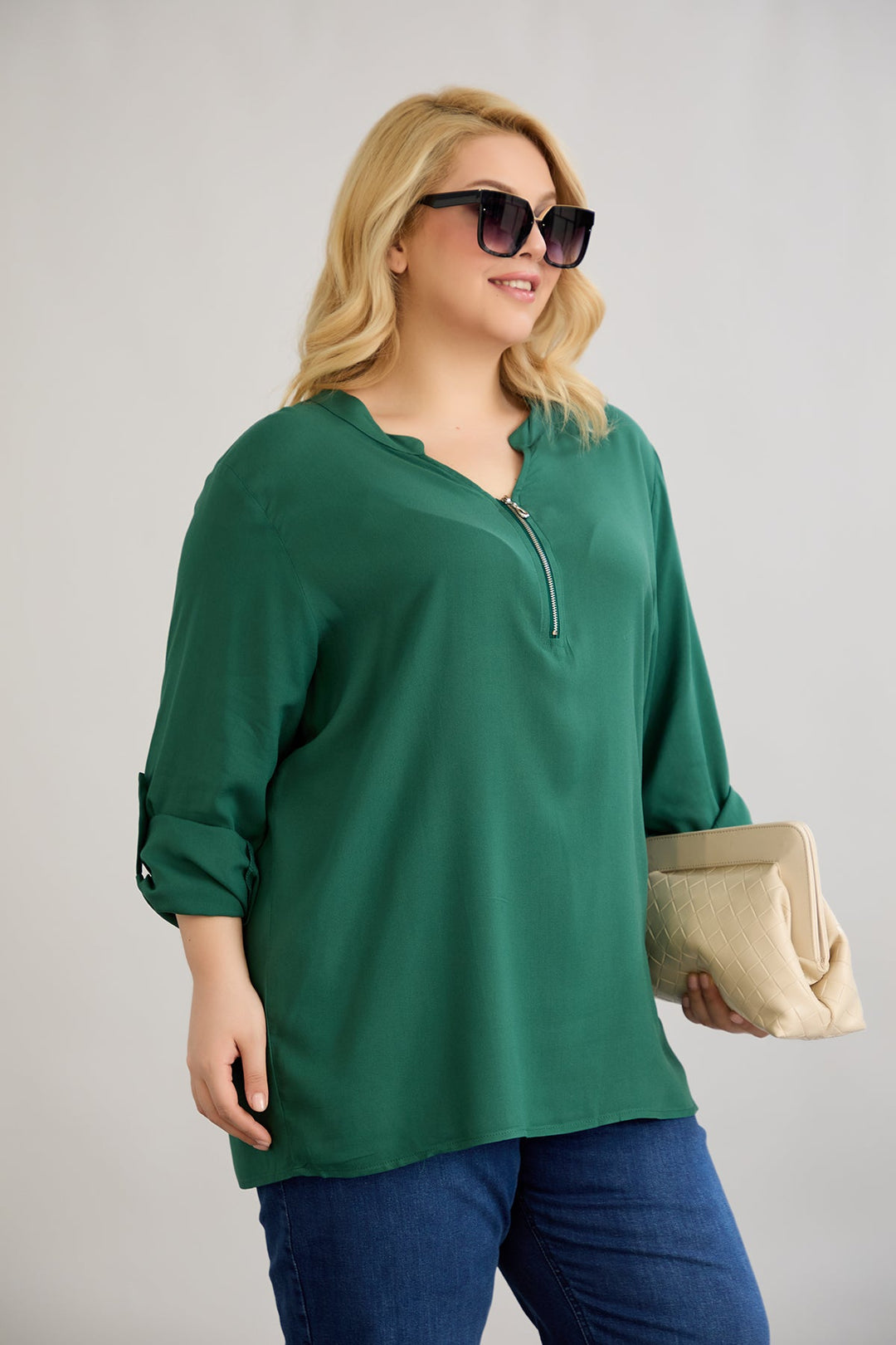 Bluza od viskoze s patentnim zatvaračem na dekolteu - Zelena