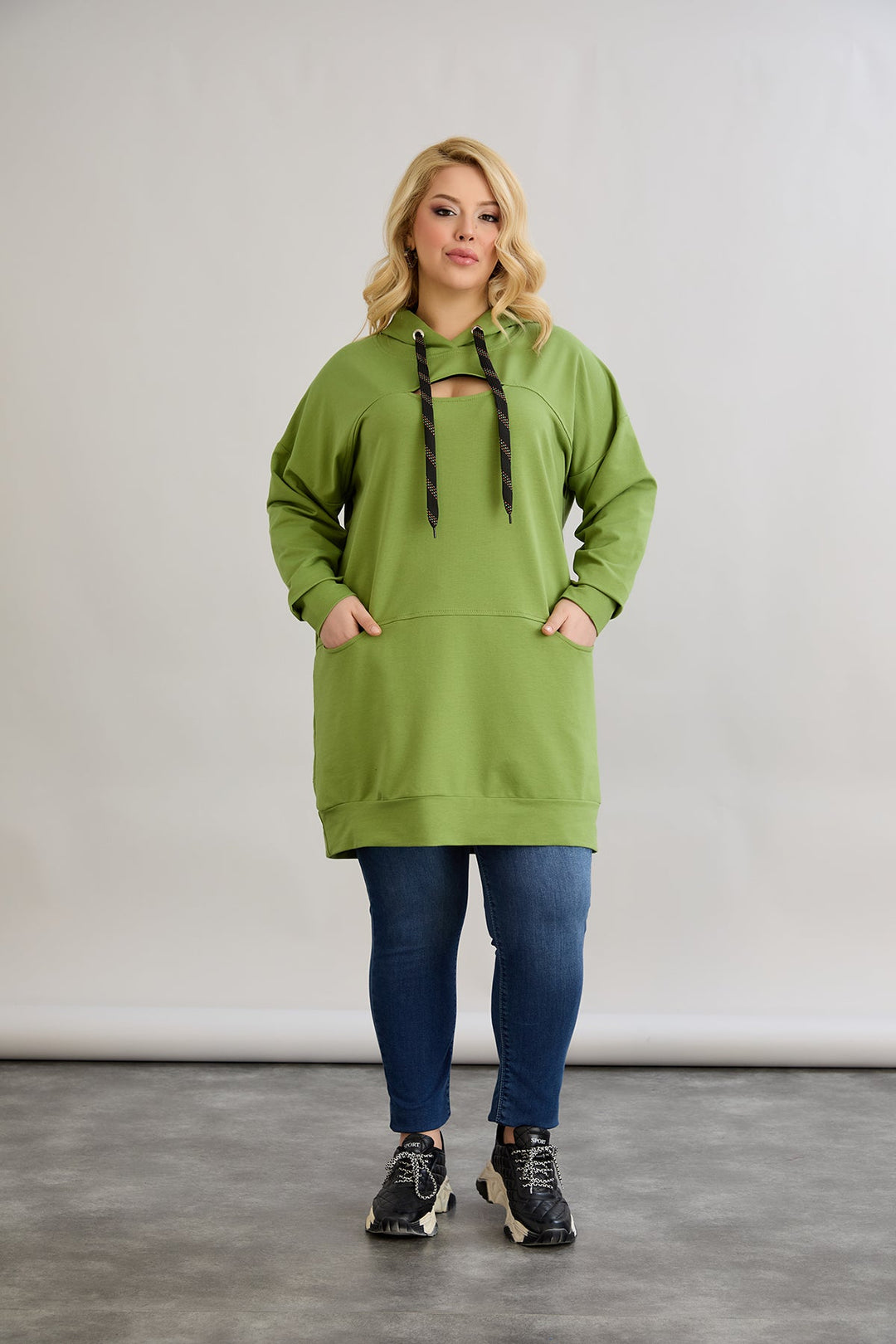 Dugo hoodie s otvorom na dekolteu - Zelena