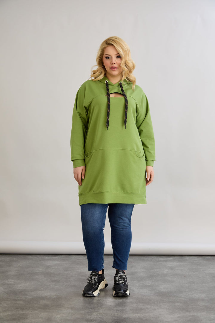 Dugo hoodie s otvorom na dekolteu - Zelena