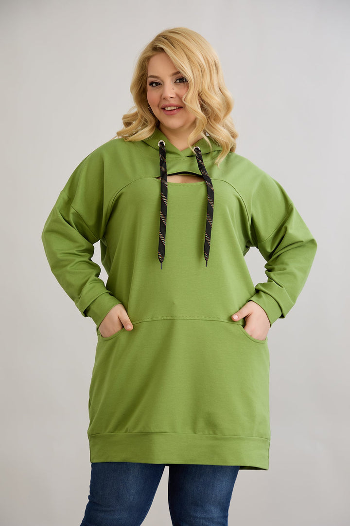 Dugo hoodie s otvorom na dekolteu - Zelena