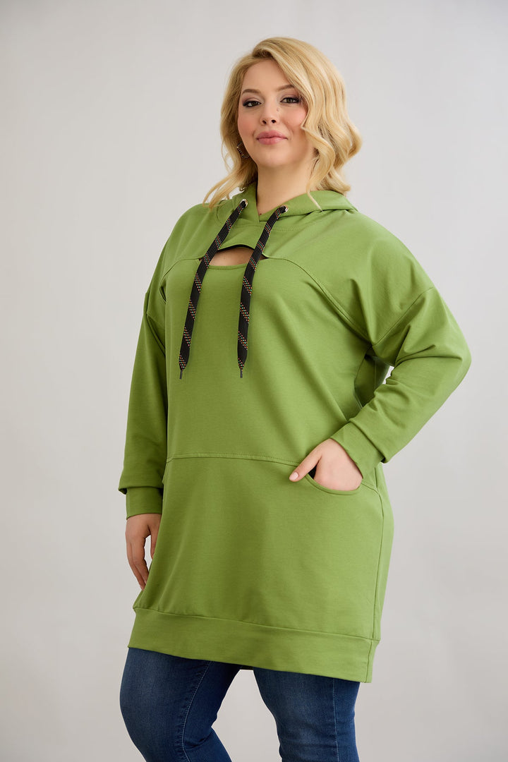 Dugo hoodie s otvorom na dekolteu - Zelena