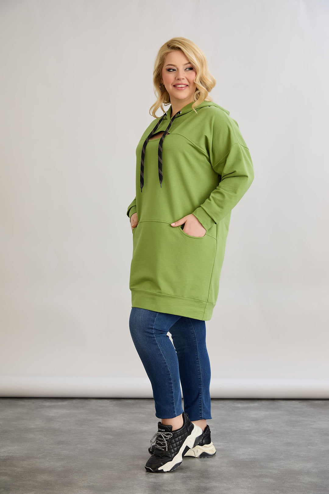 Dugo hoodie s otvorom na dekolteu - Zelena