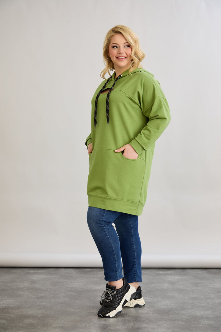 Dugo hoodie s otvorom na dekolteu - Zelena