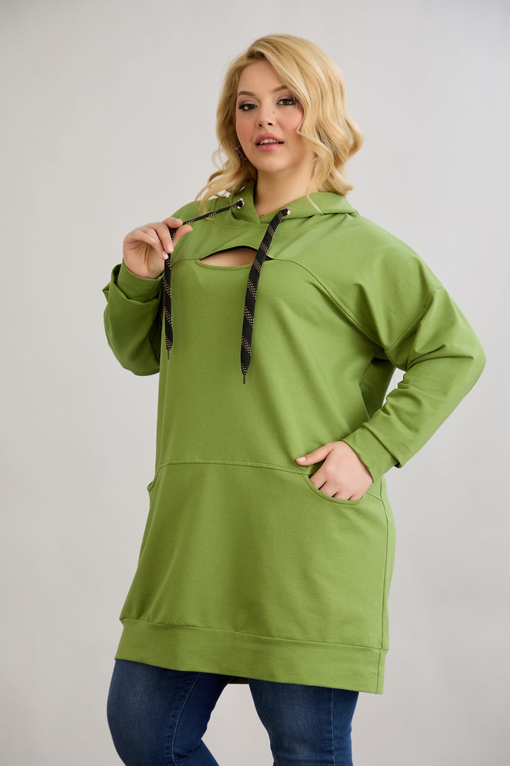 Dugi hoodie s otvorom na dekolteu u velikim veličinama - Zelena